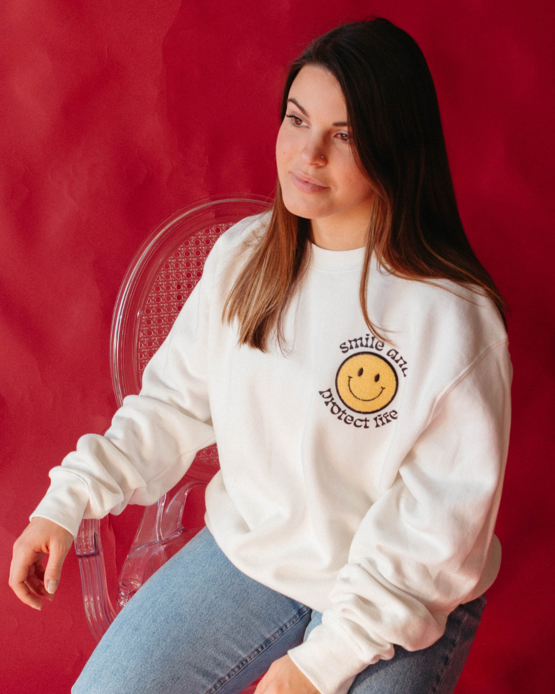 Smiley Pro-Life Embroidered Crewneck – Live Action