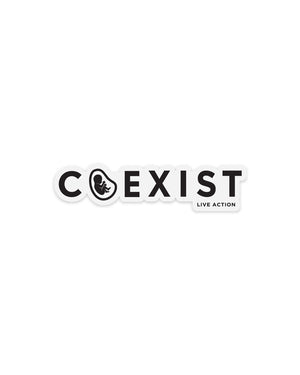 A white, die-cut sticker with black font that reads "COEXIST" with a preborn baby inside the misshapen O meant to look like a uterus.
